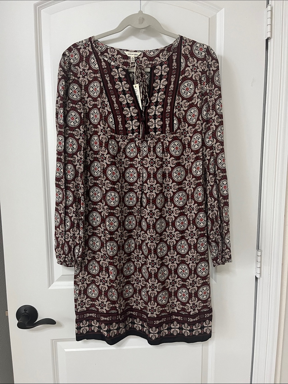 Max Studio Burgundy and Ivory Long-Sleeve Printed Tunic Dress